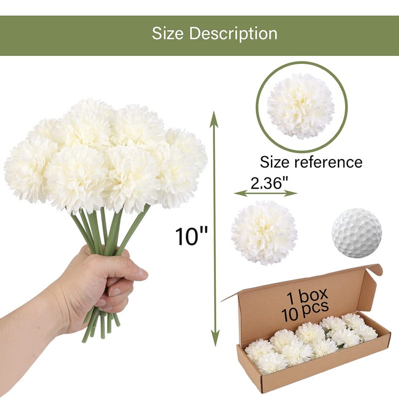 Louiesya Artificial Flowers, 10Pcs Fake Flowers Silk Artificial Chrysanthemum Ball Hydrangea Bridal Wedding Bouquet for Home Garden Party Wedding Decor (Cream) - Image 2